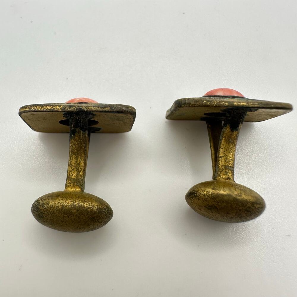 Antique Victorian Arts & Crafts gold tone peach art glass bean back cufflinks - Picture 6 of 8